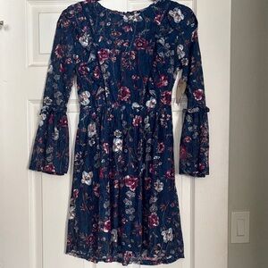 Speechless Girls Dress Size 14 Navy Lace Floral Overlay Bell Sleeve NWT
